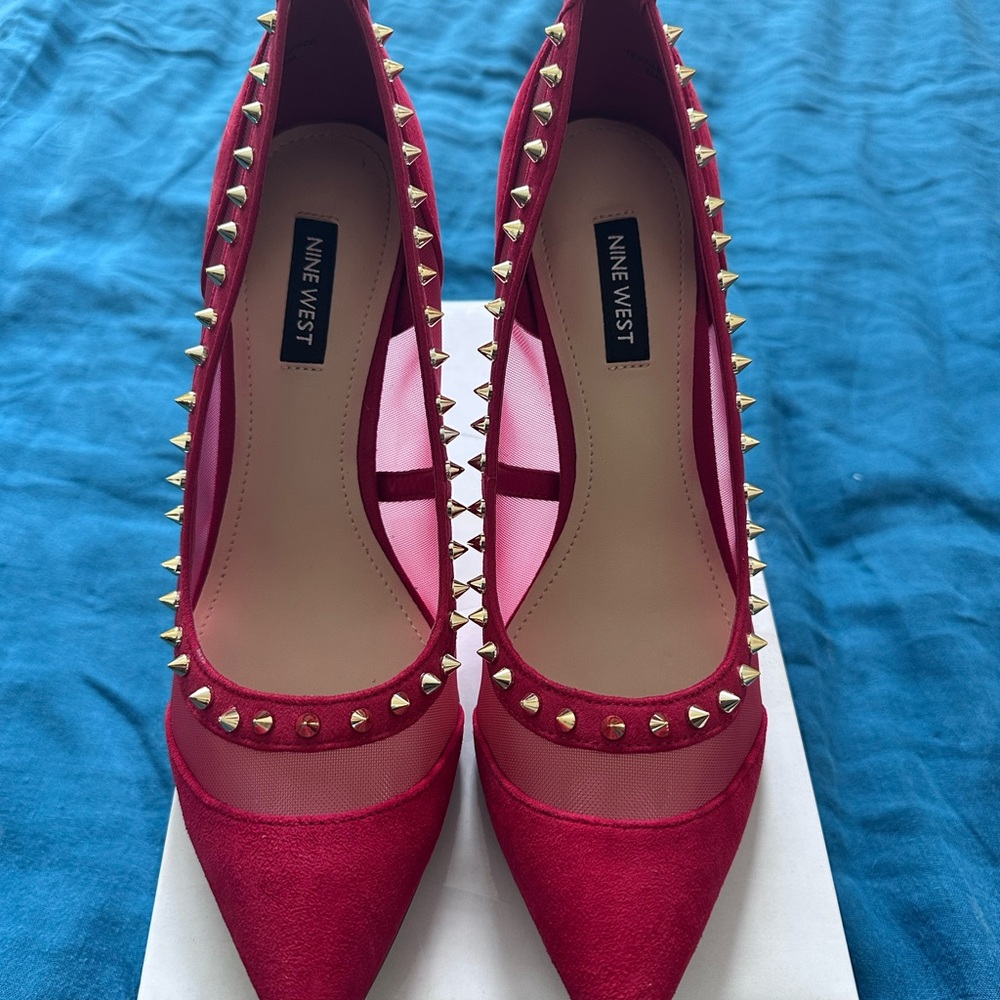 Nine West Red Pointed-Toe Studded Pumps